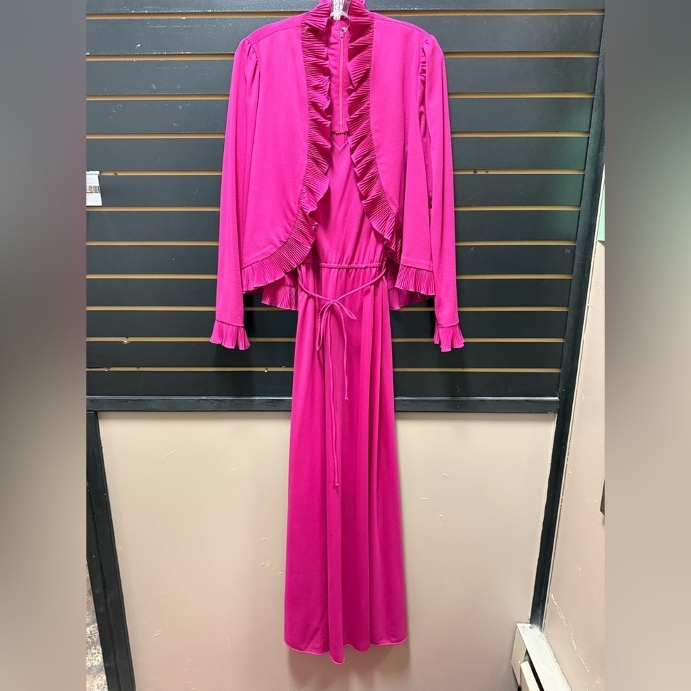 Vintage Magenta Pleated Ruffle Maxi Dress Set